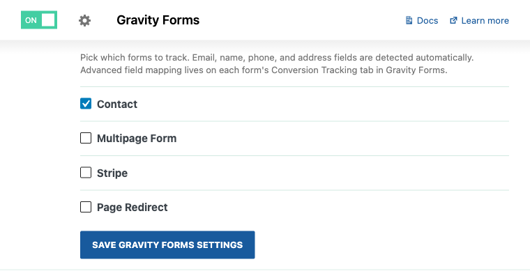 Conversion Bridge Gravity Forms settings, showing that email, name, phone, and address fields are detected automatically.