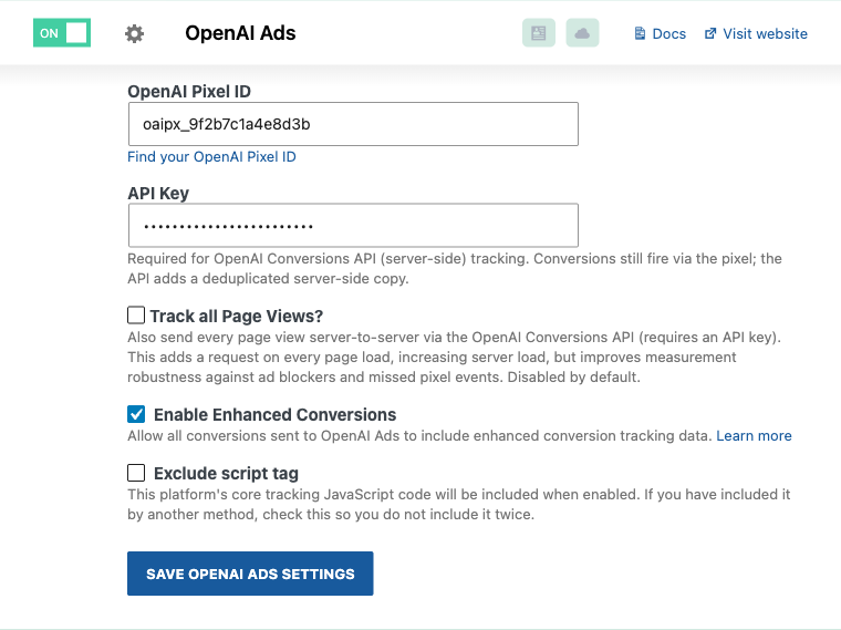 OpenAI Ads settings in Conversion Bridge: Pixel ID, API Key, Track all Page Views, and Enhanced Conversions.