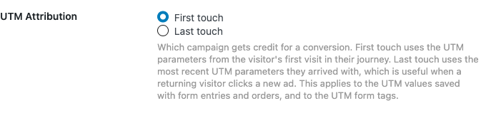 The UTM Attribution setting in Conversion Bridge, with first-touch and last-touch options.