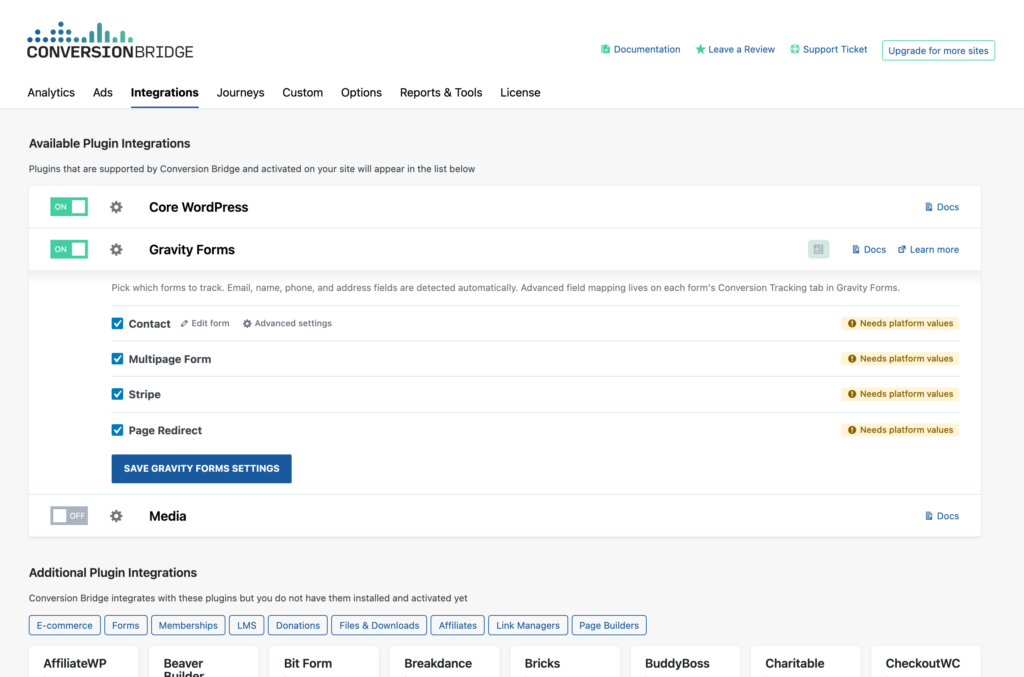 Gravity Forms integration turned on in Conversion Bridge with the list of forms to track