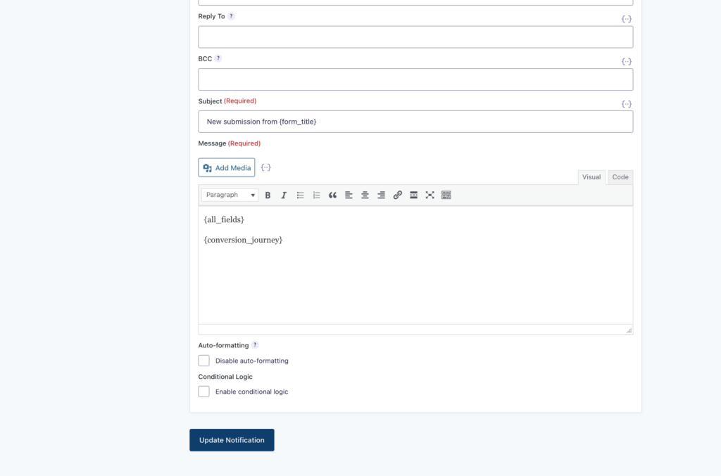 Gravity Forms notification message with the Conversion Bridge conversion journey merge tag