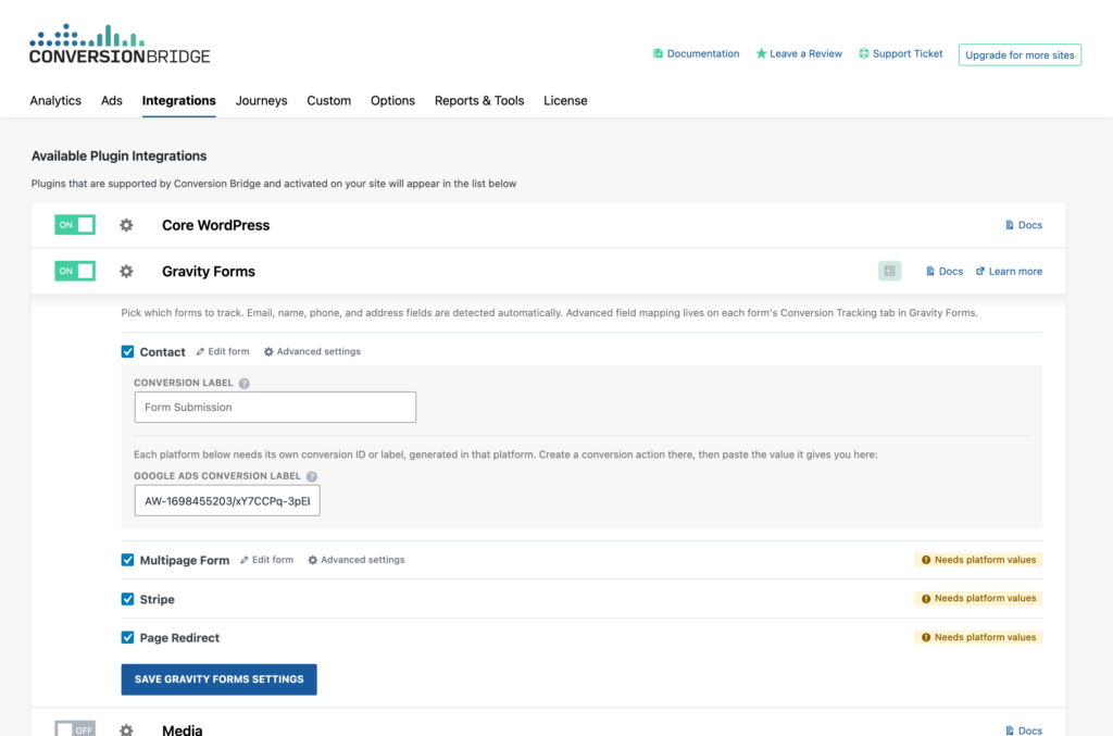 Conversion label and Google Ads conversion label fields for a Gravity Forms form in Conversion Bridge