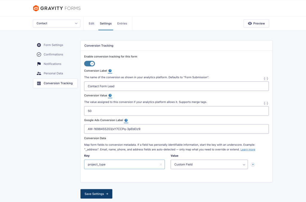Gravity Forms Conversion Tracking settings tab with conversion label, value and Conversion Data field mapping