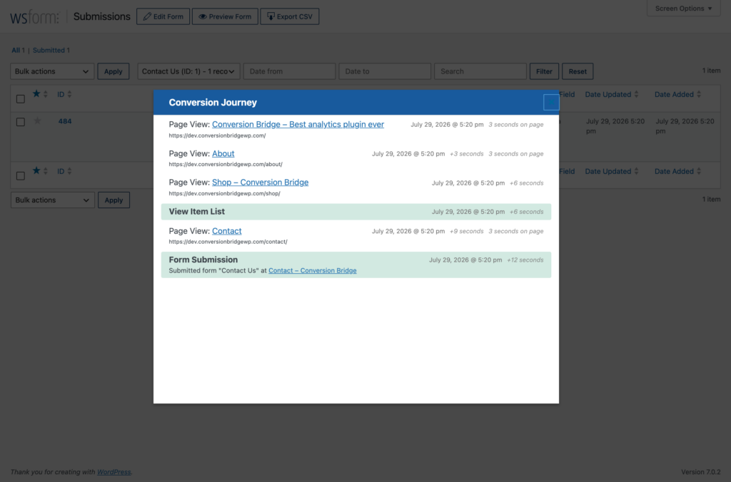 Conversion Bridge conversion journey showing the pages visited before a WS Form submission