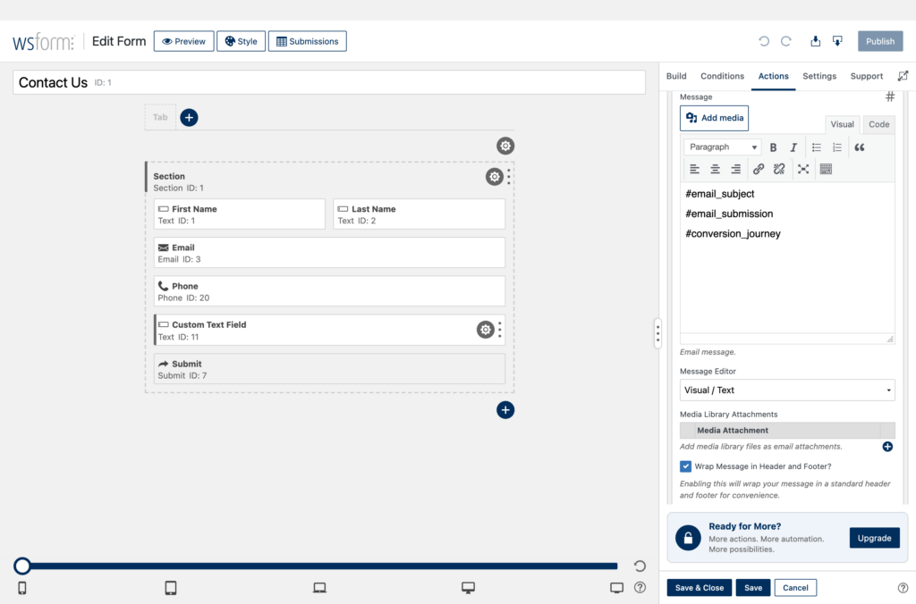 WS Form email notification with the conversion journey merge tag added in Conversion Bridge
