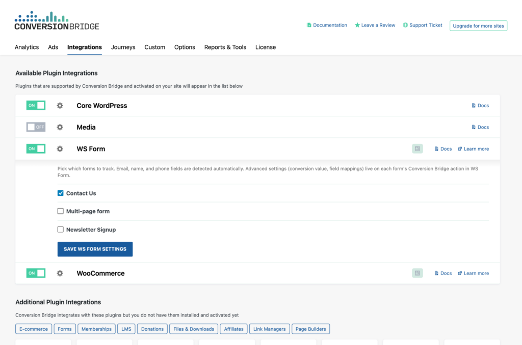 Conversion Bridge WS Form integration settings showing the forms-to-track checklist
