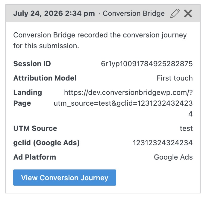 Conversion Bridge conversion journey note on a WS Form submission