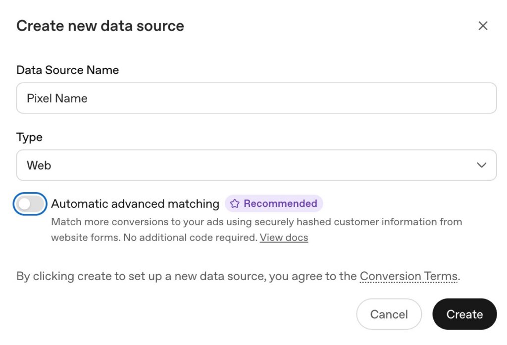 OpenAI Ads Create new data source window with the Type set to Web and the Automatic advanced matching toggle