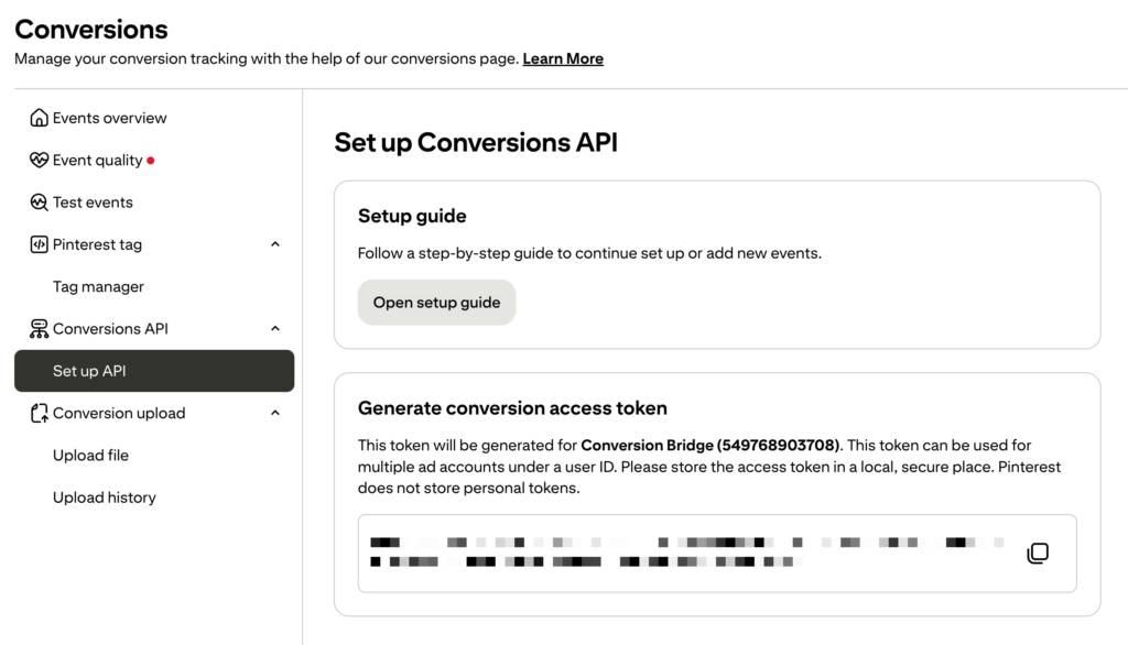 Pinterest Ads Manager Set up Conversions API page showing where to generate the conversion access token