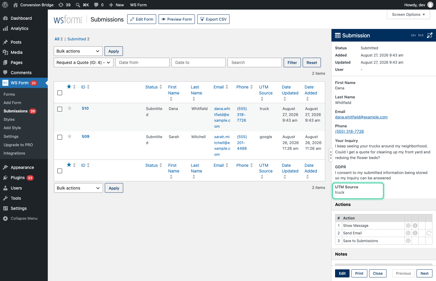WS Form quote request submission with the UTM Source field highlighted showing the value truck