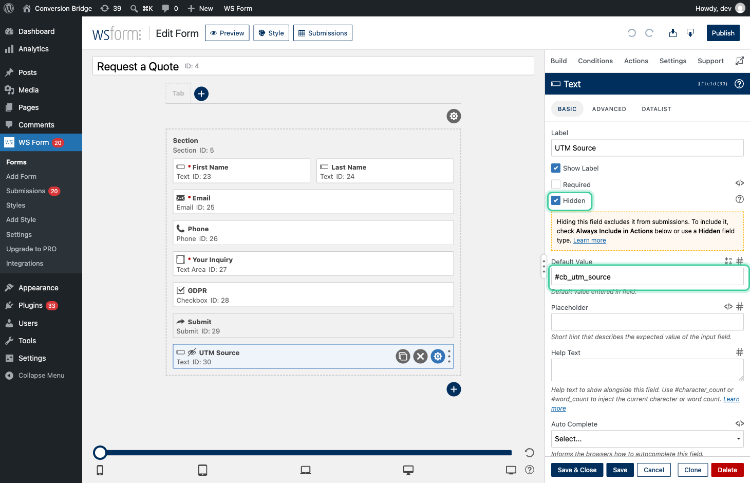 WS Form editor for a Request a Quote form with the Hidden setting and #cb_utm_source default value highlighted