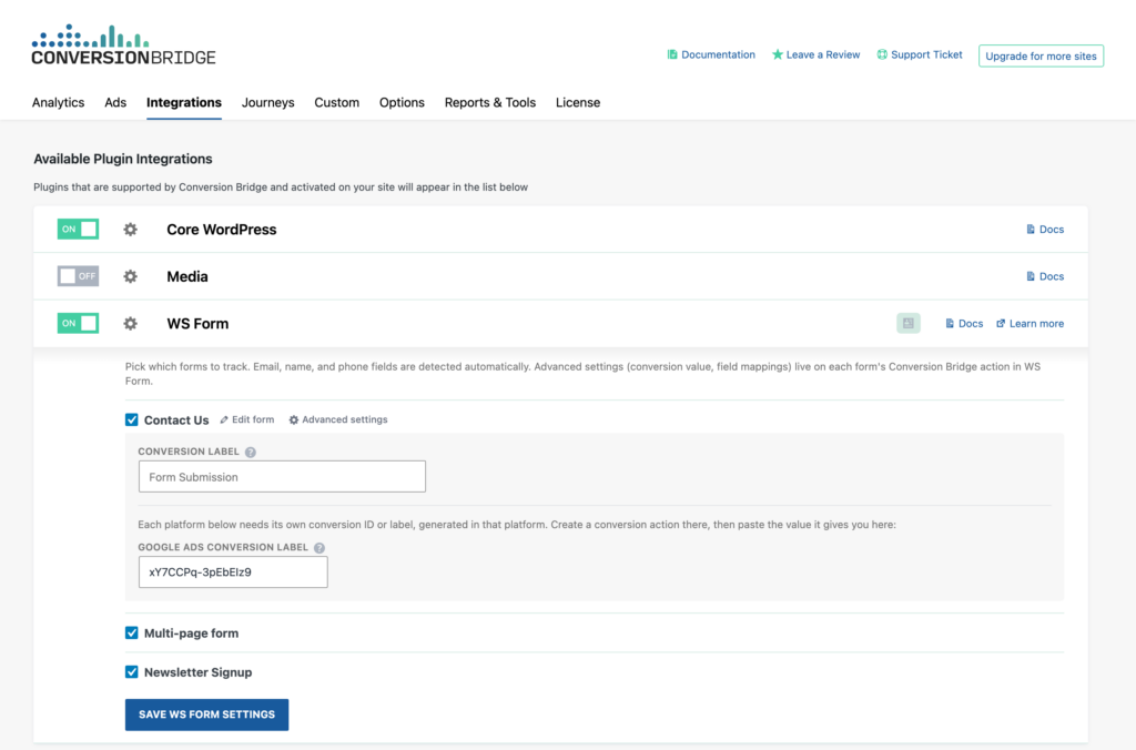Conversion Bridge conversion label and Google Ads conversion label fields for WS Form
