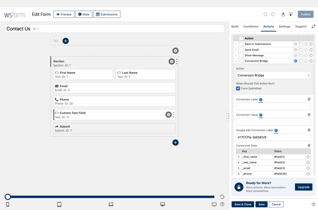 Conversion Bridge conversion data field mapping for WS Form enhanced conversions