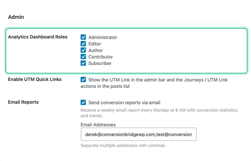 Analytics Dashboard Roles checkboxes with Editor selected in the Conversion Bridge Options tab