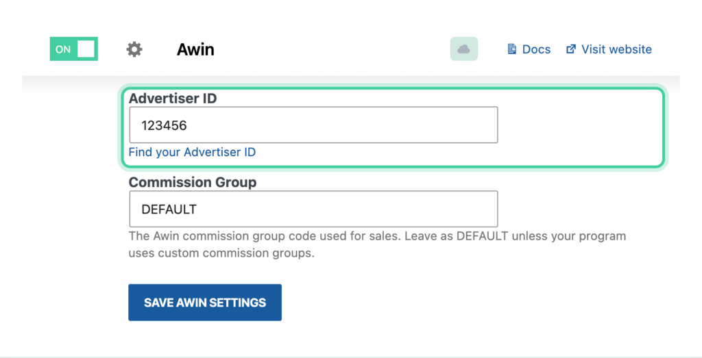 Awin platform settings in Conversion Bridge with the Advertiser ID field highlighted