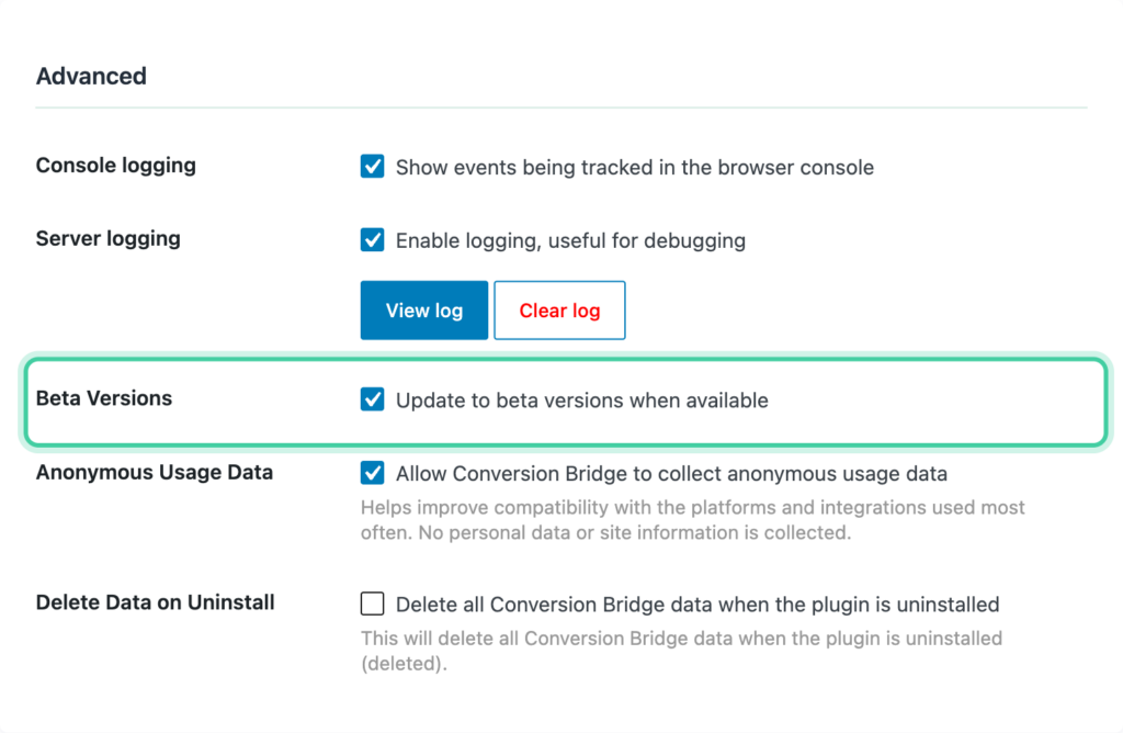 Beta Versions checkbox enabled in the Advanced section of the Conversion Bridge Options tab