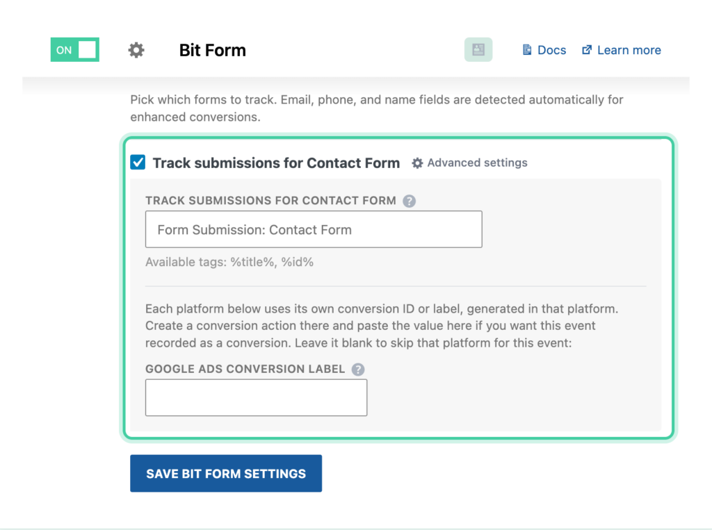 Bit Form integration in Conversion Bridge showing a per-form tracking checkbox and label field