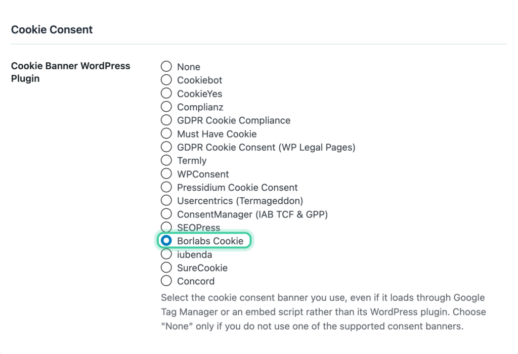 Cookie Consent section of the Conversion Bridge Options tab with Borlabs Cookie selected