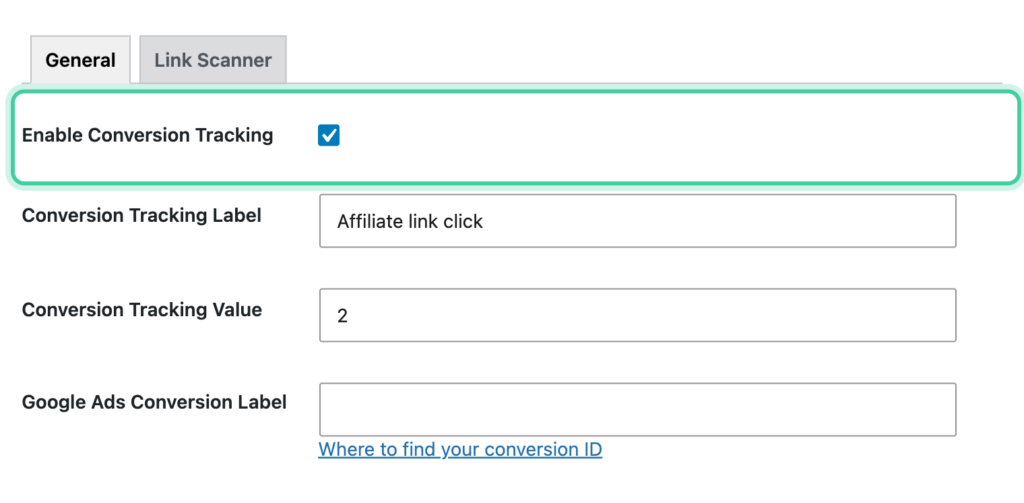 ClickWhale link edit screen with Enable Conversion Tracking checked and the label and value fields below it