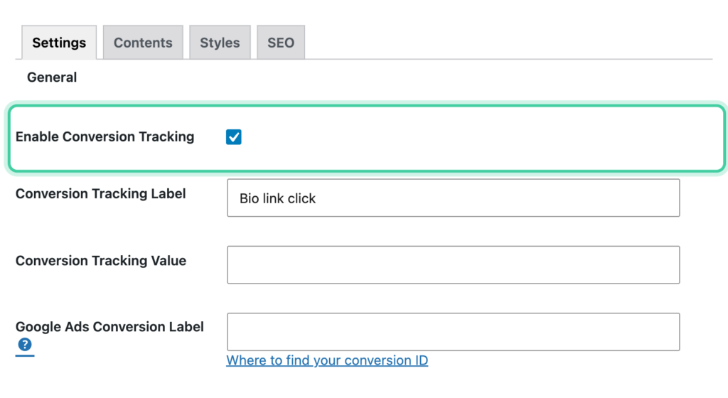ClickWhale link page Settings tab with Enable Conversion Tracking checked and the label and value fields