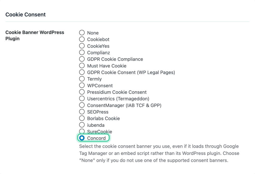 Cookie Consent section of the Conversion Bridge Options tab with Concord selected