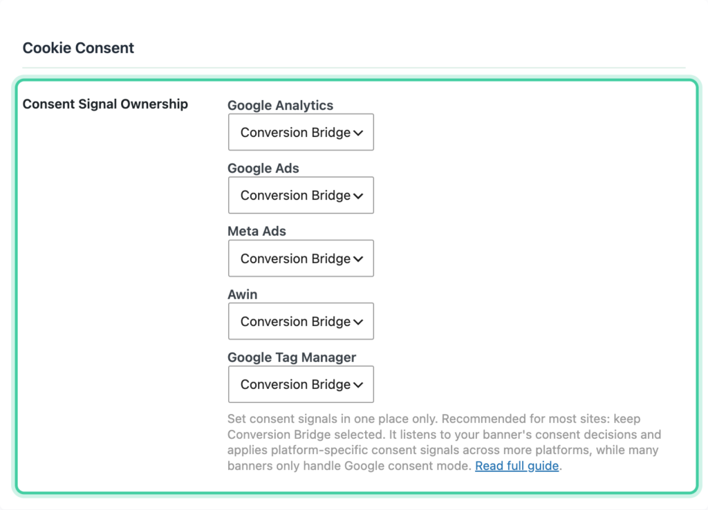 Consent Signal Ownership dropdowns per platform in the Conversion Bridge Options tab