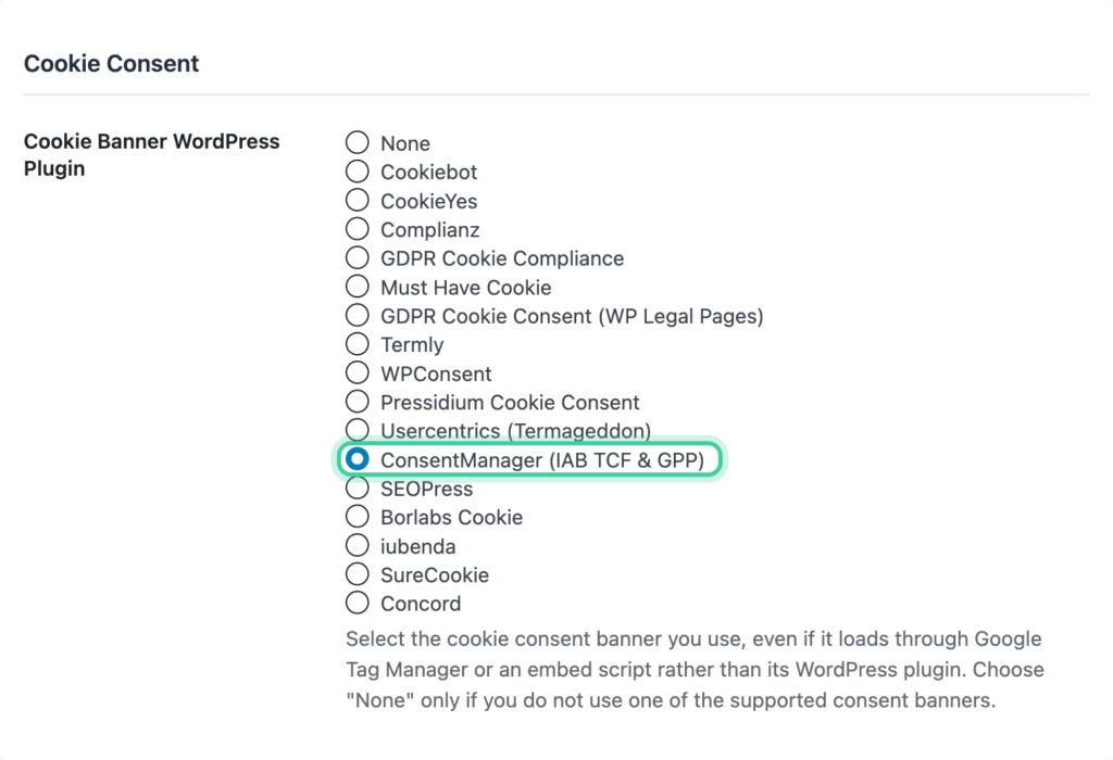 Cookie Consent section of the Conversion Bridge Options tab with ConsentManager selected
