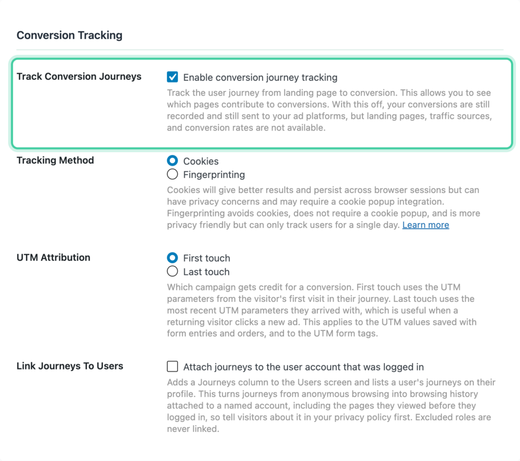 Track Conversion Journeys checkbox in the Conversion Bridge Options tab