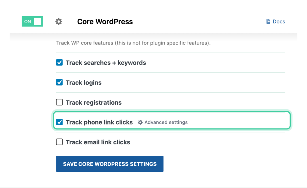 Core WordPress integration in Conversion Bridge with Track phone link clicks enabled and its label field shown
