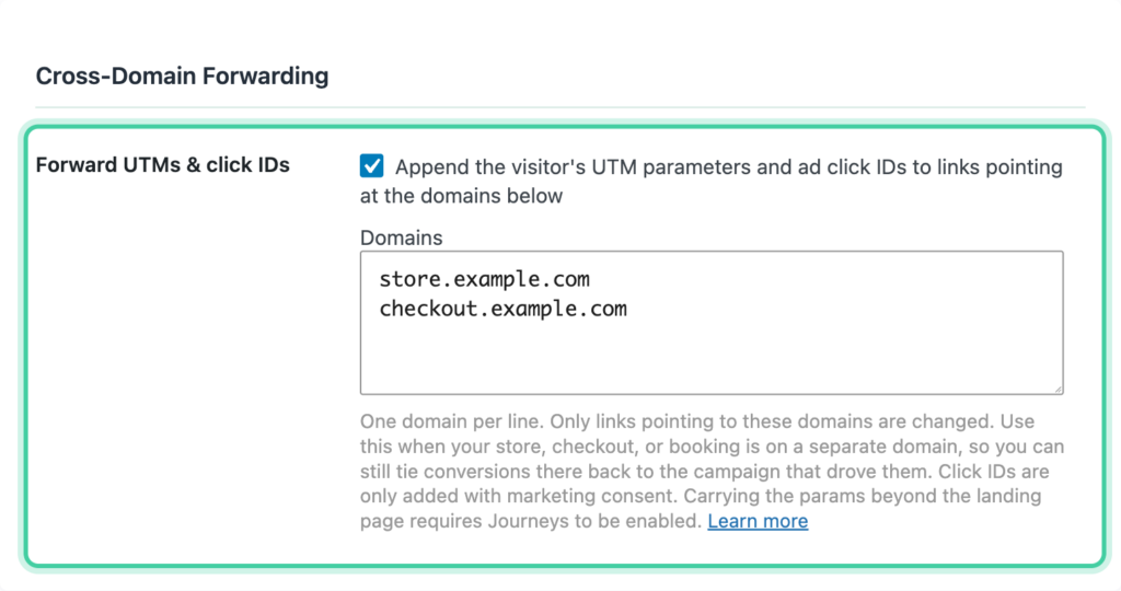 Cross-Domain Forwarding section with the checkbox enabled and two domains listed