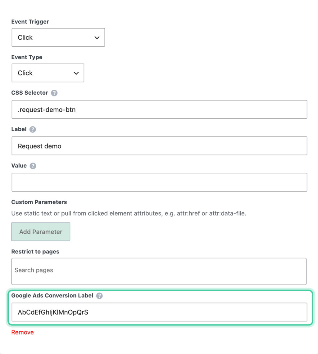 Conversion Bridge custom Click event with a CSS selector and the Google Ads Conversion Label field highlighted