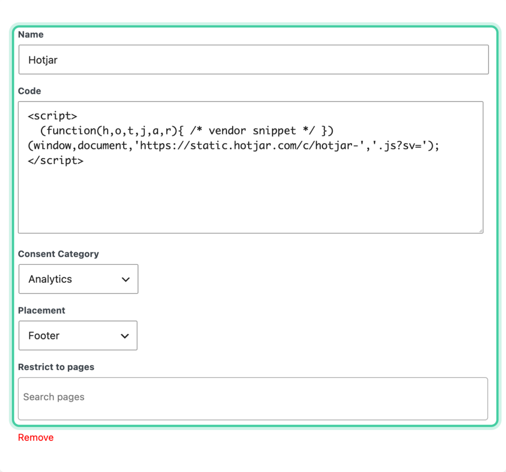 A custom tracking script in Conversion Bridge showing the Name, Code, Consent Category, Placement, and Restrict to pages fields