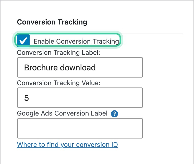 Conversion Tracking metabox on a Document Library Pro document with Enable Conversion Tracking checked and label and value filled in