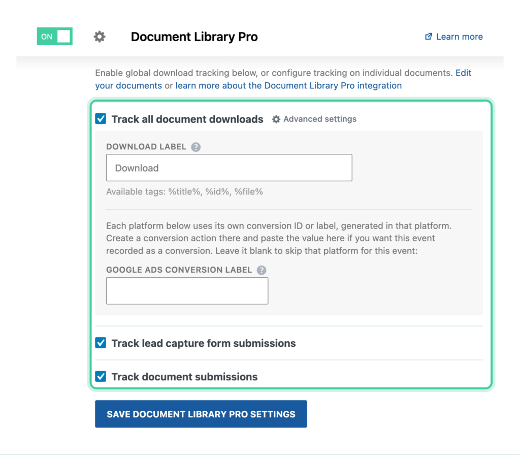Document Library Pro integration in Conversion Bridge with the download, lead capture, and submission events enabled