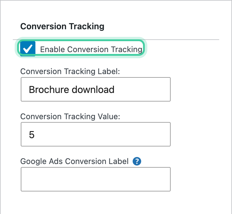 Conversion Tracking metabox on a Download Monitor download with Enable Conversion Tracking checked and label and value filled in