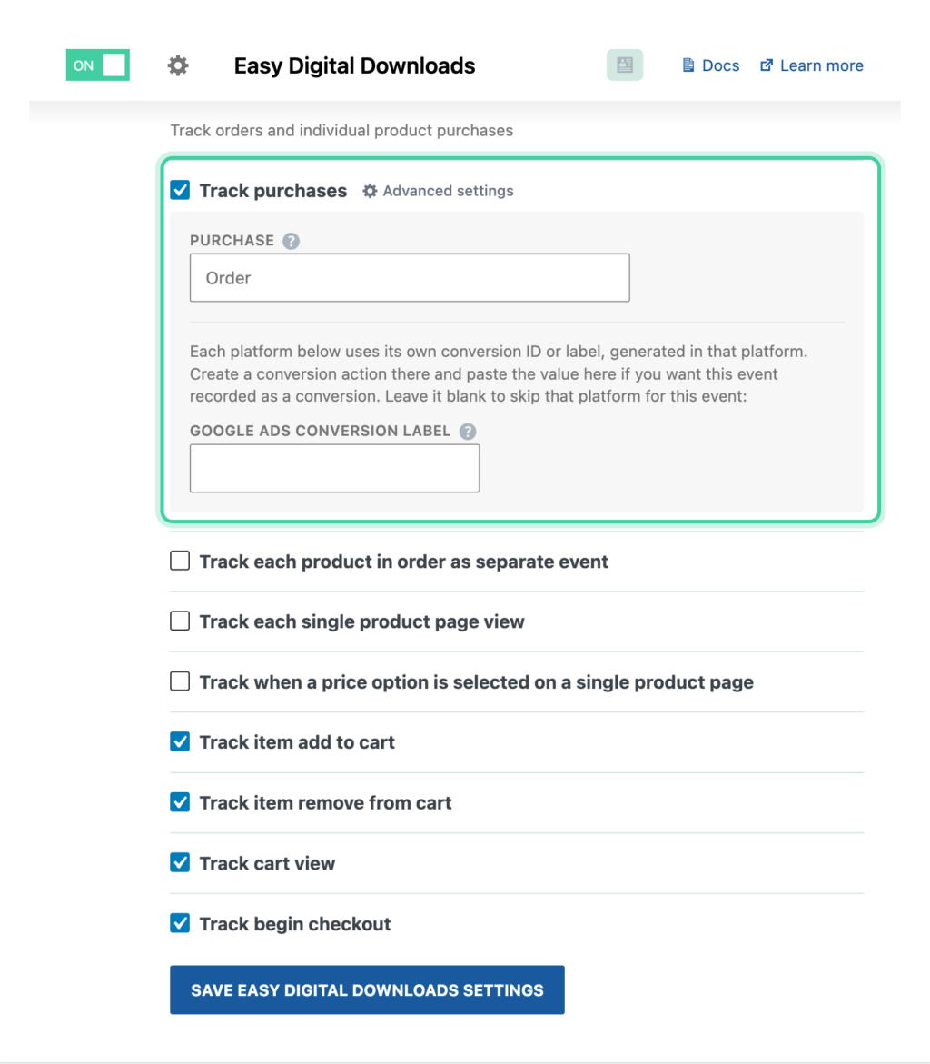 Easy Digital Downloads integration in Conversion Bridge with Track purchases enabled and the purchase label field