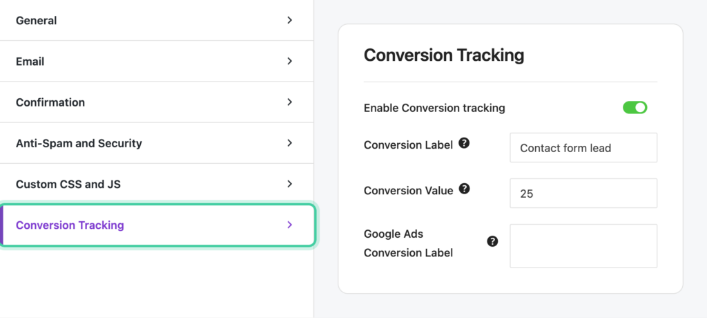 Everest Forms builder Settings tab with Conversion Tracking selected in the sidebar, showing the enable toggle, label, and value fields