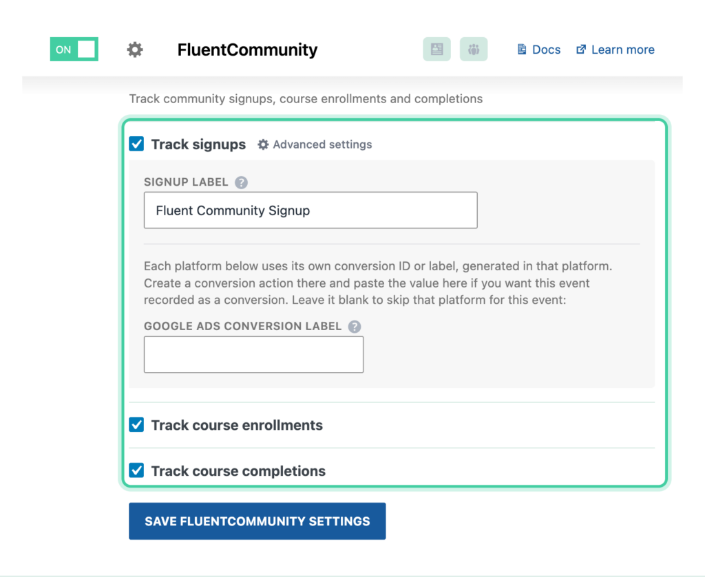 FluentCommunity integration in Conversion Bridge with signup, course enrollment, and course completion tracking enabled