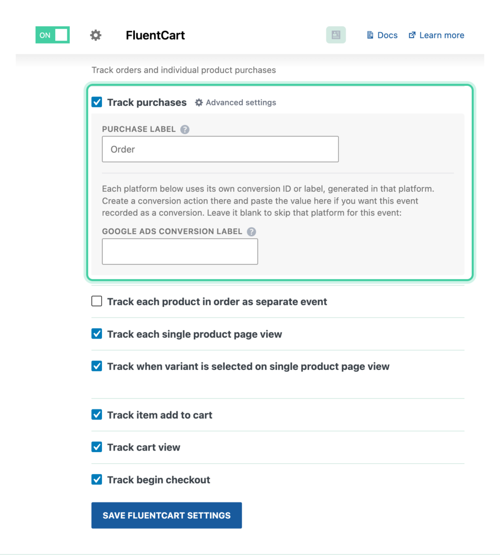 FluentCart integration in Conversion Bridge with Track purchases enabled and the purchase label field