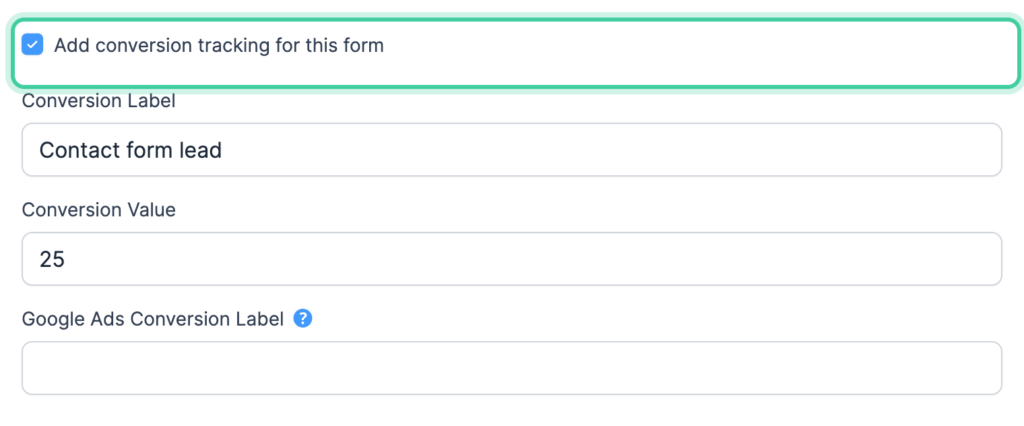 Formidable form settings with Add conversion tracking for this form checked and the label and value fields below it