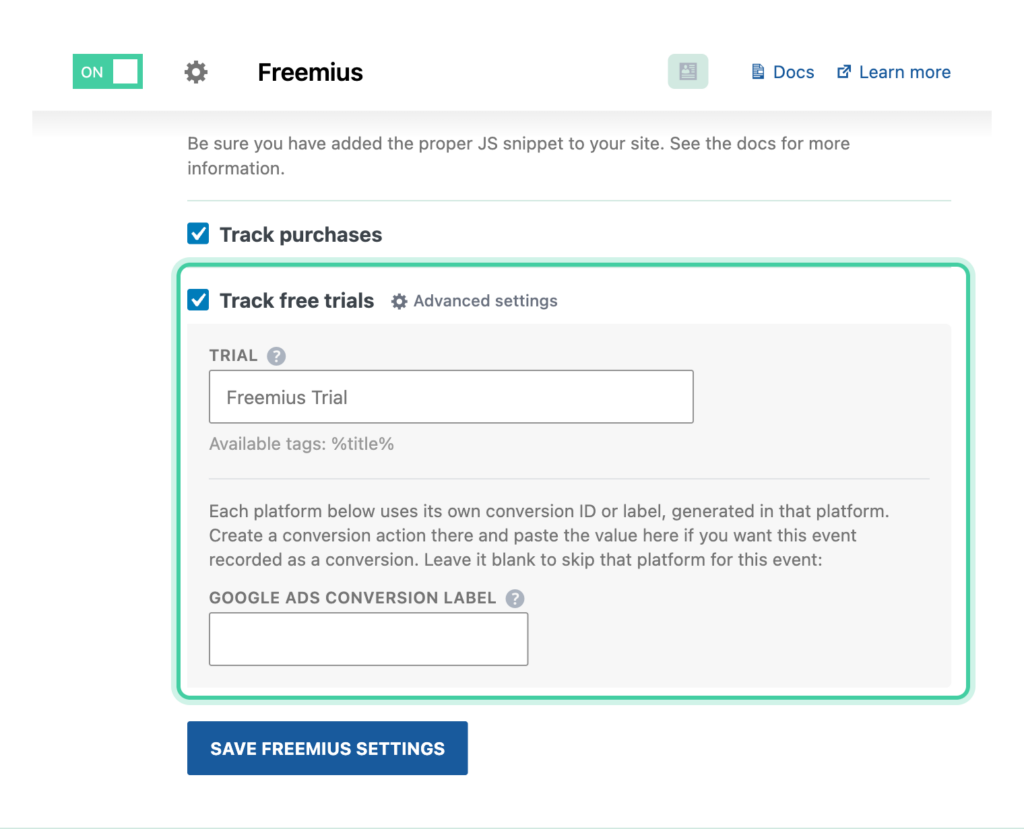 Freemius integration in Conversion Bridge with the Track free trials event enabled