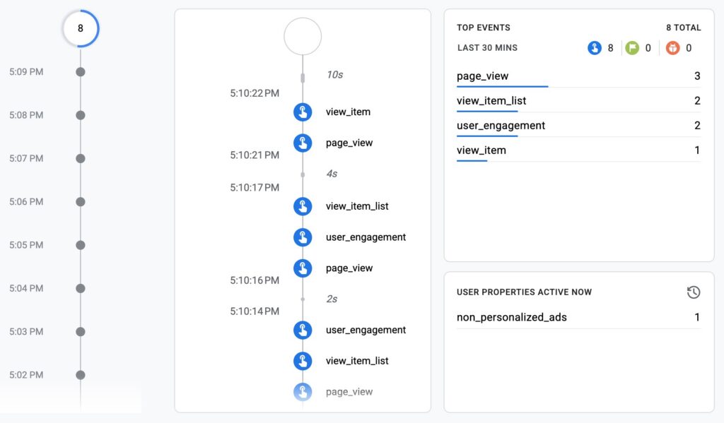 GA4 DebugView showing a stream of page_view, view_item and user_engagement events as they arrive
