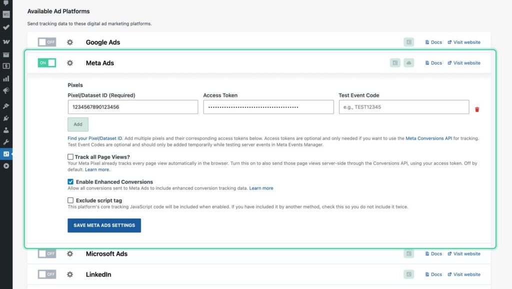 Ads tab with Meta Ads turned on and a Pixel ID and access token filled in