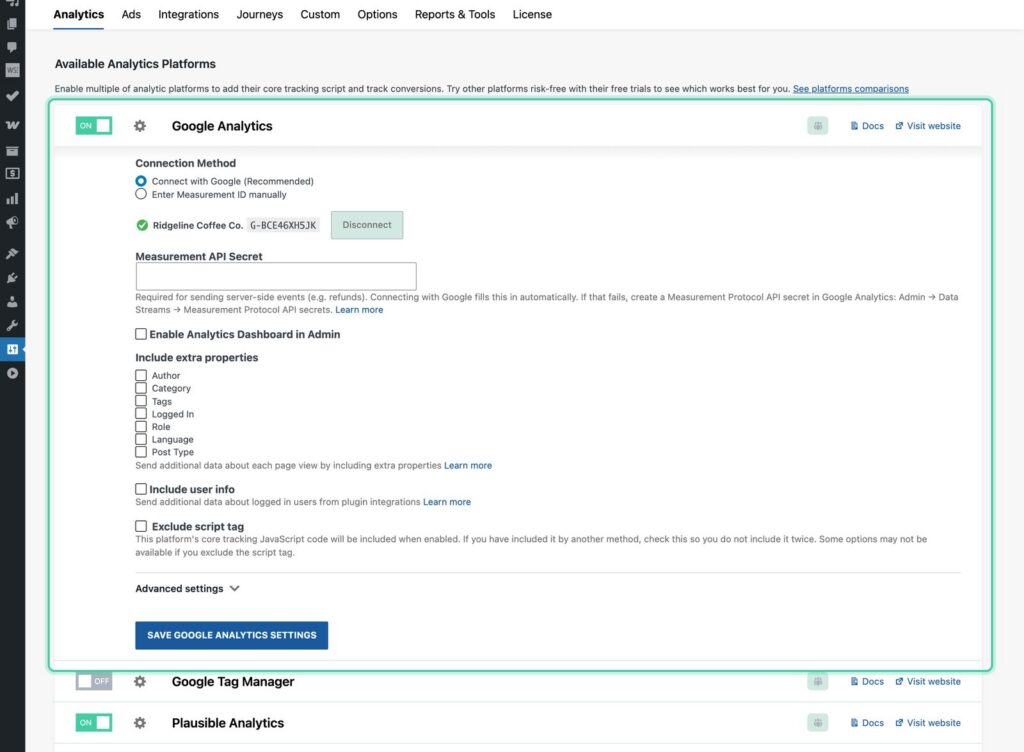 Analytics tab with Google Analytics turned on and connected to a Google account