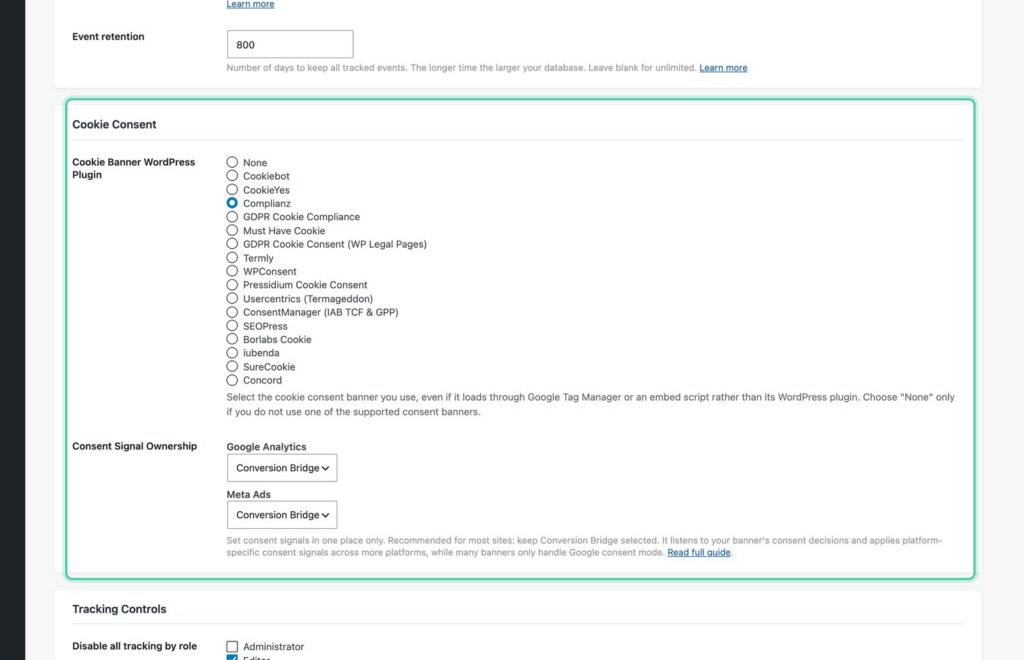 Cookie Consent section of the Options tab with Complianz selected as the cookie banner plugin
