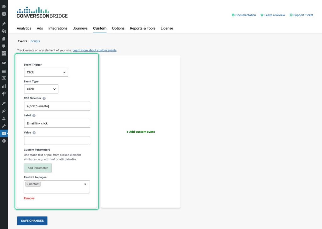 Custom tab with a click event set up for email links on the Contact page