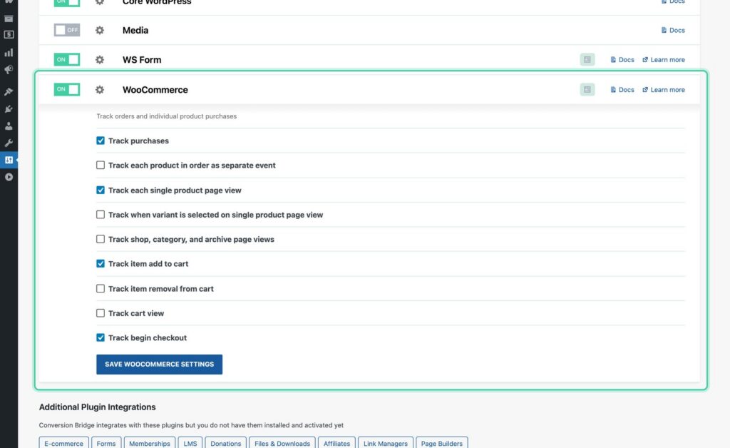Integrations tab with WooCommerce turned on and purchases, product views, add to cart, and begin checkout checked