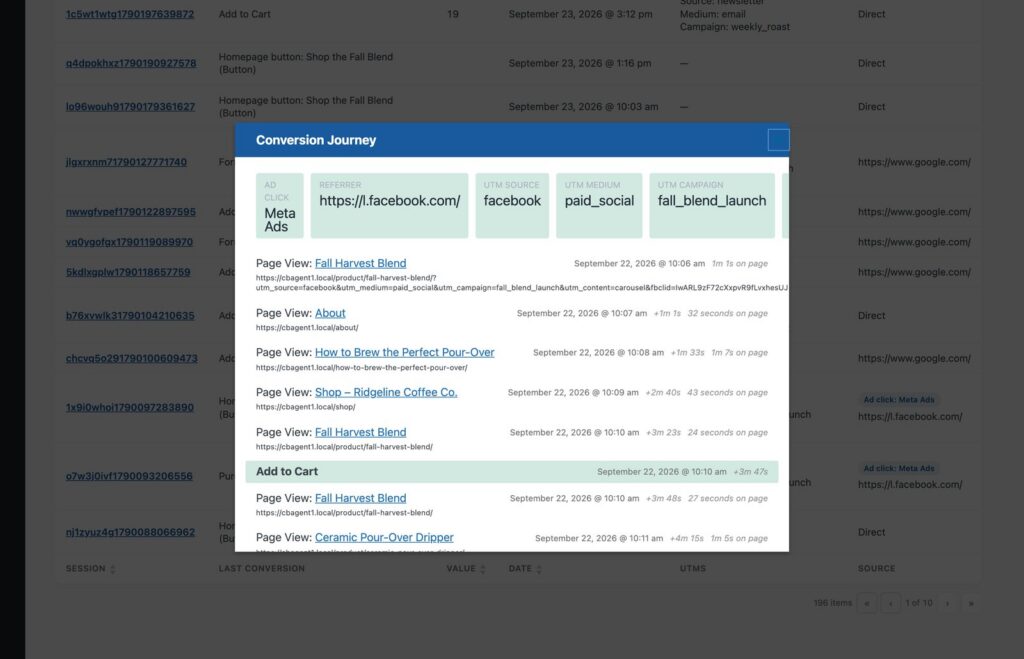 Conversion journey showing the traffic source and each page viewed before an add to cart