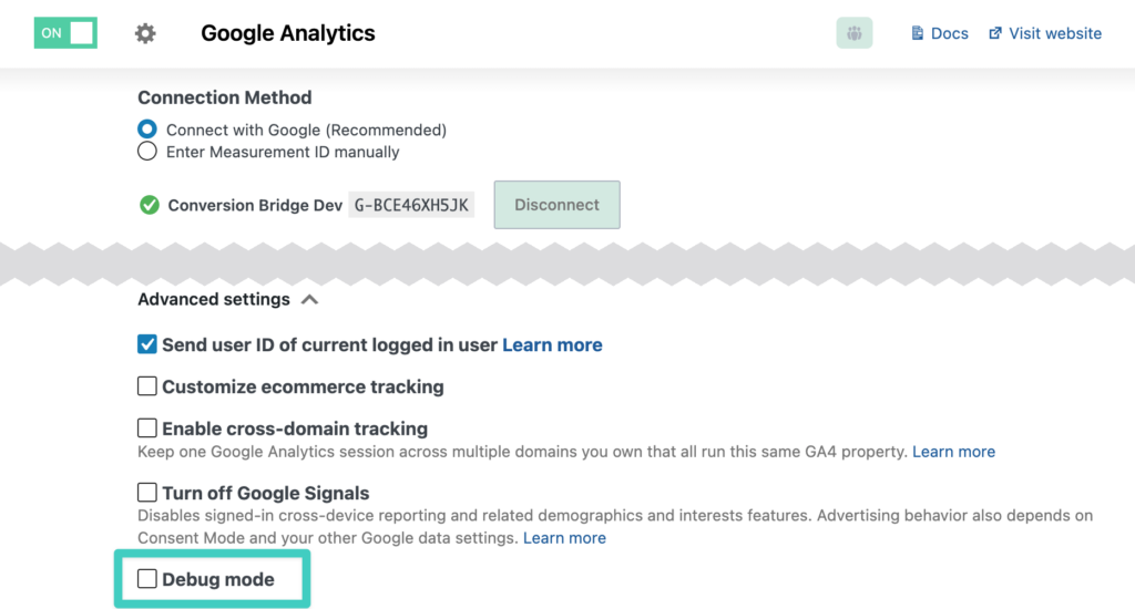 Conversion Bridge Google Analytics settings with the Debug mode checkbox highlighted