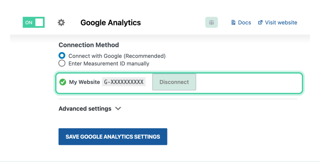 Google Analytics settings in Conversion Bridge showing the connected Google account with property name and Measurement ID